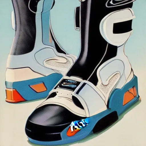 Image similar to retro futuristic Nike Air Mag sneakers by syd mead