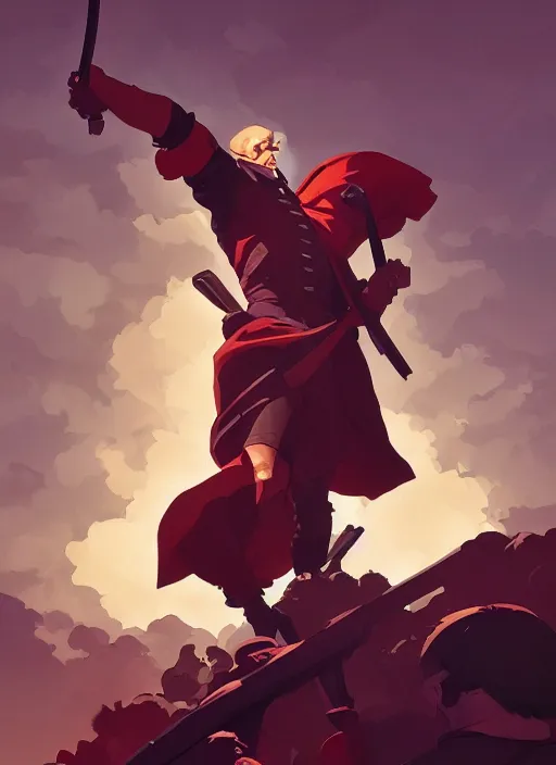 Prompt: a french revolutionary rushing into battle, heroic, glorious, in the style of artgerm, gerald brom, atey ghailan and mike mignola, vibrant colors and hard shadows and strong rim light, plain background, comic cover art, trending on artstation