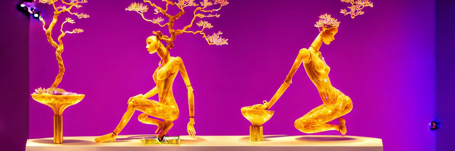 Image similar to beautiful mannequin sculpted out of amethyst by billelis + lit with geometric neon dripping gold + kintsugi, facing a doorway opening with neon pink geometric fractal light + flowering bonsai trees + lighting in background!!, transcendent, clean linework, dramatic, finely detailed, award winning, 4 k, trending on artstation, photorealistic, volumetric lighting, octane render