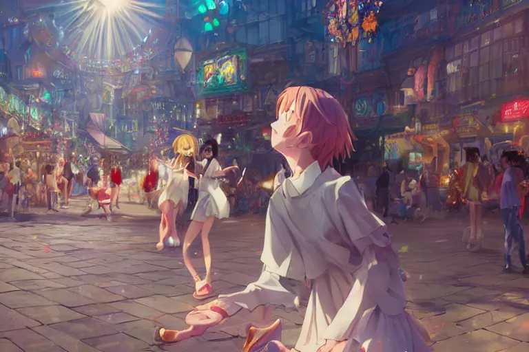 Image similar to Digital anime art by WLOP and Mobius, Town square, a dancing girl performs, happy smile, coins around her feet, large crowd, highly detailed, bright sunshine and lighting