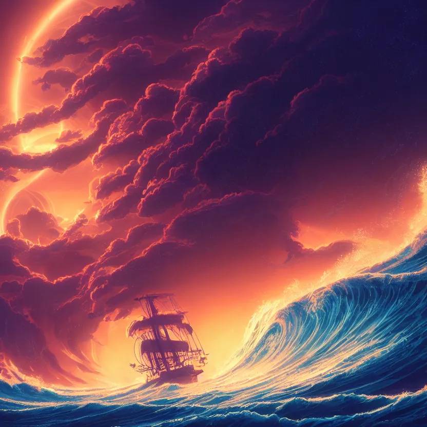 Image similar to treasure planet, ship on a stormy sea with huge waves, clouds, stars, rings, beautiful lighting, vivid colors, intricate, elegant, smooth, highly detailed digital painting, concept art, cinematic, unreal engine, wallpaper, by syd mead, terada katsuya, atey ghailan, svetlin velinov, makoto shinkai art style