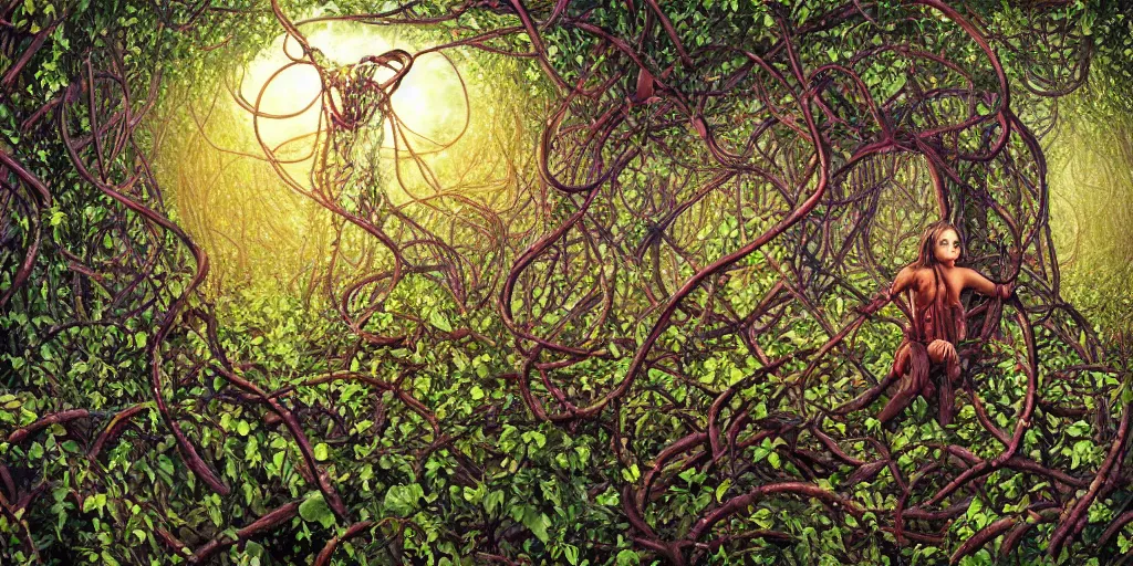Image similar to a person trapped in extremely thick vines intertwined, central composition, high saturation, epic lighting, in the style of Peter gric and Hannah yata 8k