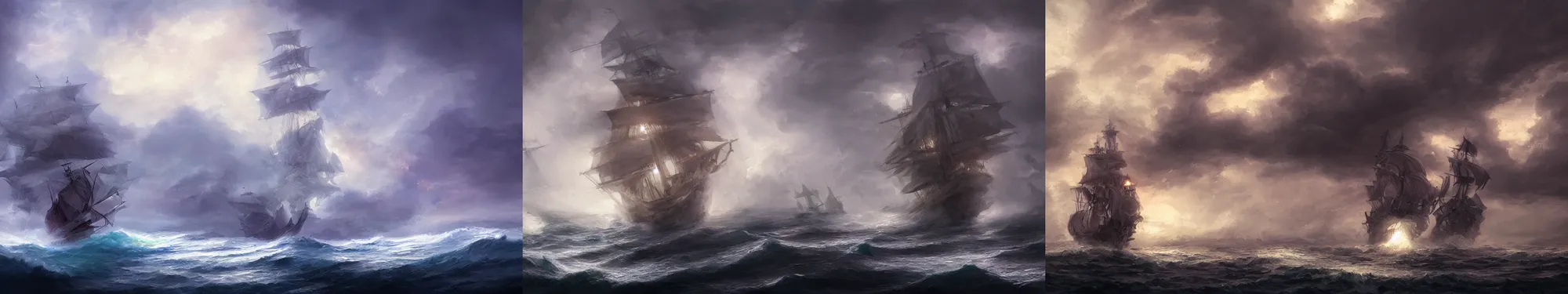 Prompt: galleon ship, sea, storm. bloom, lighting. fantasy, digital painting, hd, 4 k, detailed.