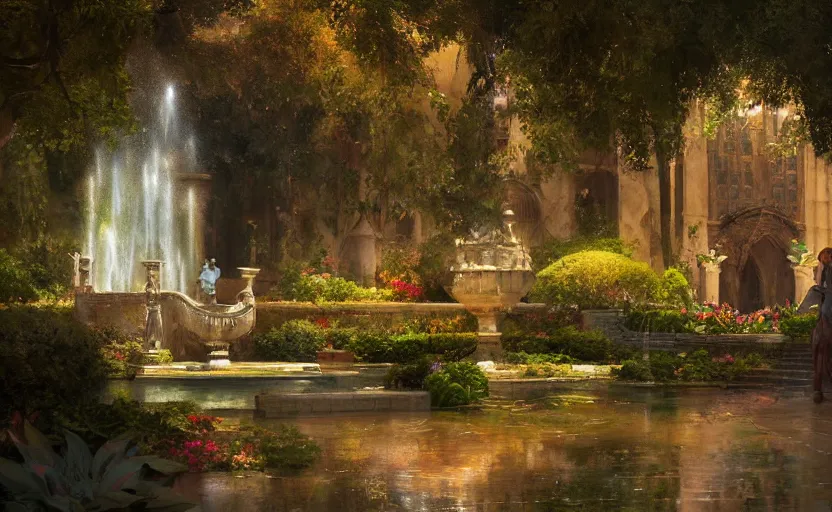 Image similar to Beautiful garden, next to a fountain and a mystical palace, intricate, elegant, volumetric lighting, digital painting, highly detailed, artstation, sharp focus, illustration, concept art, ruan jia, steve mccurry