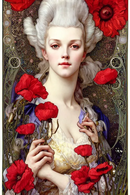 Prompt: realistic detailed face portrait of Marie Antoinette surrounded by poppies by Alphonse Mucha, Ayami Kojima, Amano, Charlie Bowater, Karol Bak, Greg Hildebrandt, Jean Delville, and Mark Brooks, Art Nouveau, Pre-Raphaelite, Neo-Gothic, gothic, rich deep moody colors