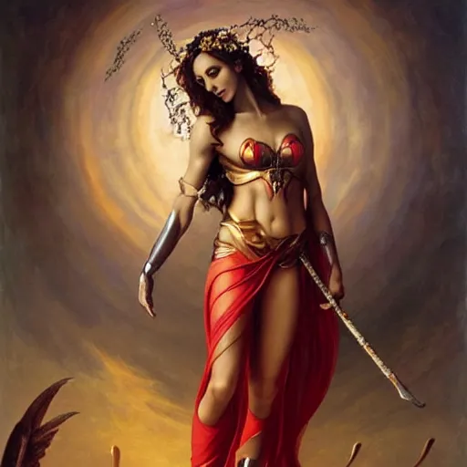 Image similar to Full body oil painting of the beautiful goddess Gal Gadot as Persephone, she is wearing roman clothes and a surreal jewelry, her hair is natural disheveled, she is approaching heaven over the clouds, naturalism, dramatic lighting, high-detailed oil painting by Ilya Repin, Michelangelo da Caravaggio, William Blake, Alex Grey and Beksinski, trending on Artsation, hystorical painting, naturalism, masterpiece, 4k, 8k,