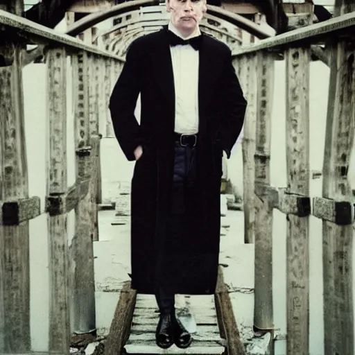 Image similar to Candid portrait photograph of Professor Moriarty standing on a bridge, accurate face, correct face, symmetrical face, taken by Annie Leibovitz