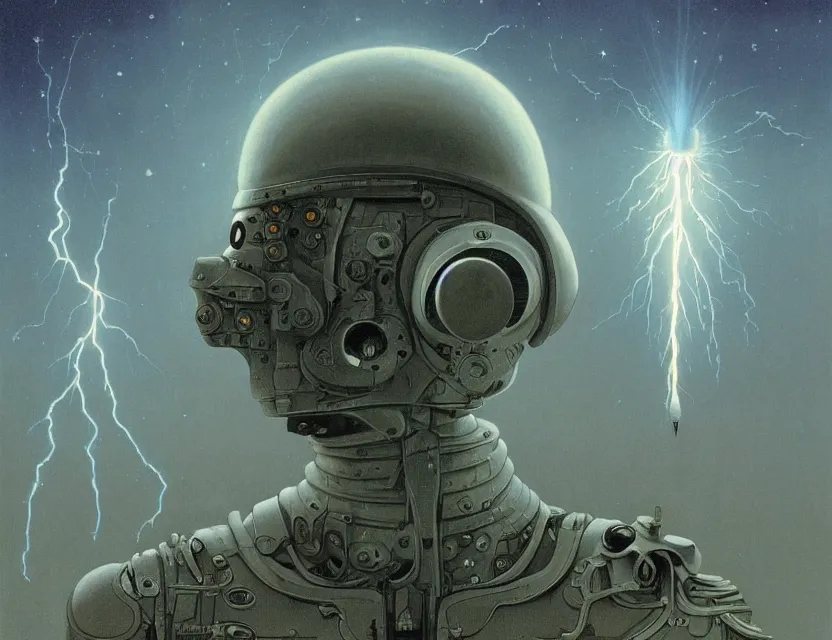 Prompt: a detailed portrait painting of a wizard robot with lazers in the eyes. Head and chest only. Movie scene, cinematic sci-fi scene. Flight suit, cloth and metal, accurate anatomy. portrait symmetrical and science fiction theme with lightning, aurora lighting. clouds and stars. Futurism by beksinski carl spitzweg moebius and tuomas korpi. baroque elements. baroque element. intricate artwork by caravaggio. Oil painting. Trending on artstation. 8k