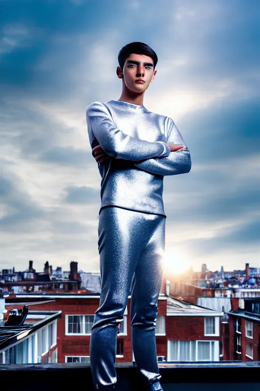 Image similar to un ultra high definition studio quality photographic art portrait of a young man standing on the rooftop of a british apartment building wearing soft padded silver pearlescent clothing. three point light. extremely detailed. golden ratio, ray tracing, volumetric light, shallow depth of field. set dressed.