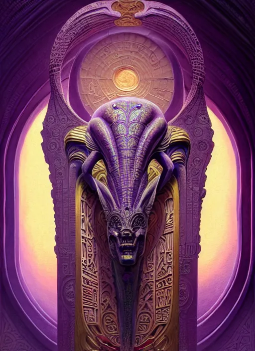 Prompt: ornate alien sacred sarcophagus, art nouveau hieroglyphics, lavender and gold palette, symmetry, fantasy, intricate, elegant, highly detailed, colorful, dark colors, dramatic shadow, digital painting, artstation, concept art, art by artgerm and greg rutkowski and ruan jia, h. r. giger