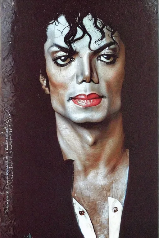 Image similar to a closer personal portrait of michael jackson with very piercing eyes, very charismatic. in the old ancient egypt. masterpiece, dark. painted by norman rockwell and james gurney