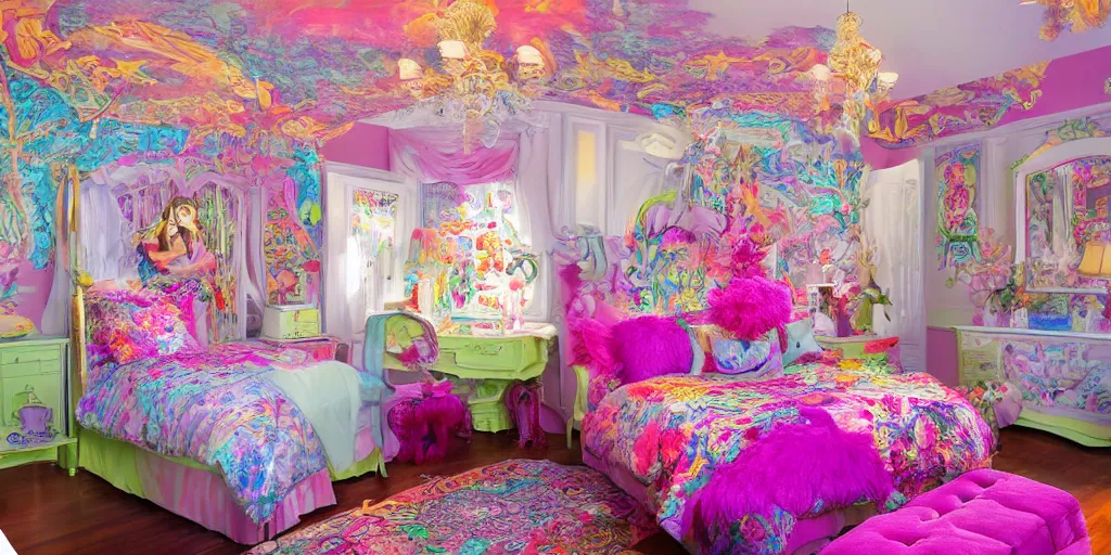 Prompt: a cozy bedroom decorated by Lisa Frank, detailed, high resolution, wow!, intricate