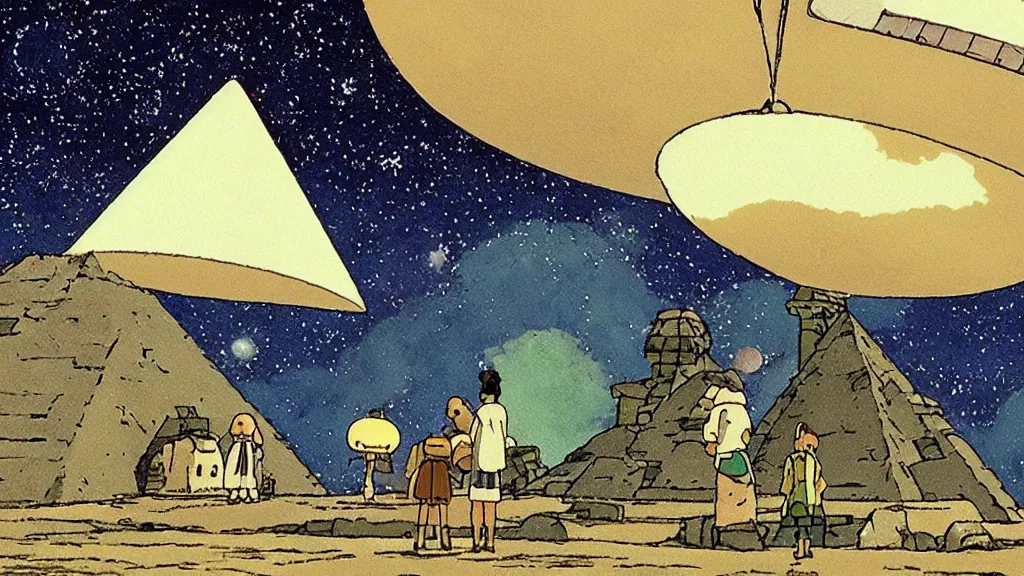 Image similar to a movie still from a studio ghibli film showing a floating large white pyramid with a gold capstone, and a ufo on a misty and starry night. by studio ghibli