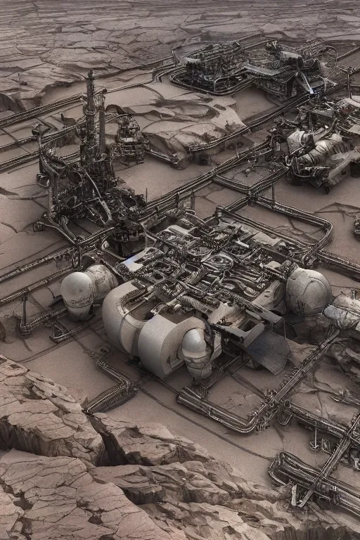 Prompt: industrial minning plant in a quarry in the middle of the desert of Mars planet concept art by yoshitaka amano and H.R. Giger, intricate detail, 8k, featured art