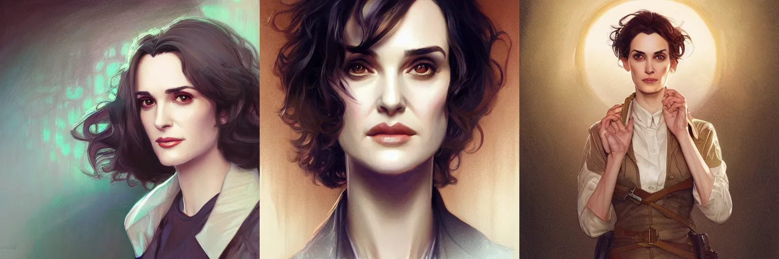 Prompt: portrait of Winona Ryder as a detective, highly detailed, digital painting, artstation, concept art, sharp focus, illustration, art by artgerm and greg rutkowski and alphonse mucha