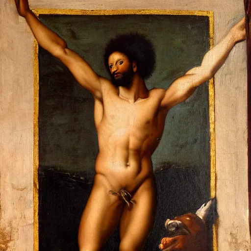Prompt: Renaissance painting of St. Sebastian as a Black African man with an afro and dark skin