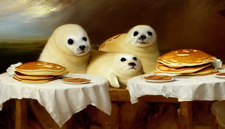 Prompt: highly detailed painting of cute furry white baby seals in a large pile of many pancakes on a table by william turner, by greg rutkowski, by william constable, thick brush strokes and visible paint layers, 4 k resolution