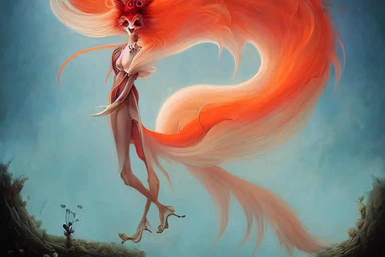 Image similar to prompt A beautiful red orange kumiho, fluffy nine fox tails, Peter Mohrbacher