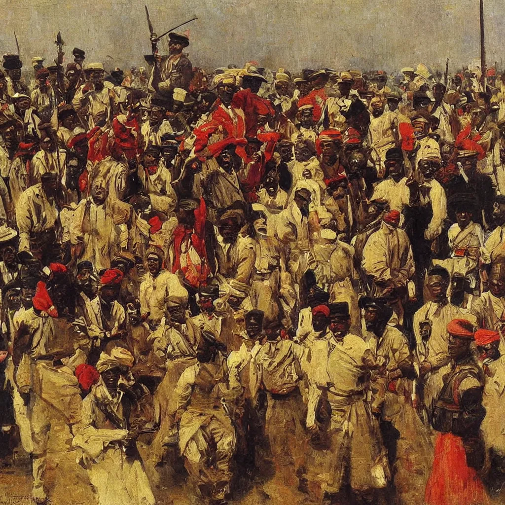 Image similar to british colonial officers in Lagos, 1905, bright colours, oil on canvas, by Ilya Repin