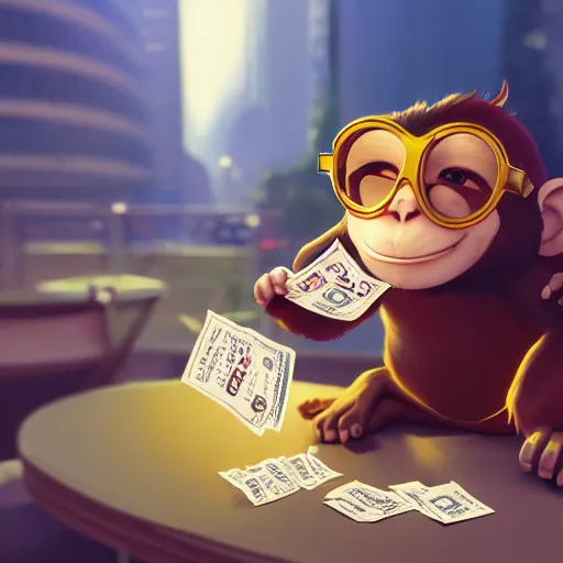 Prompt: Monkey wearing Gold glasses, holding some monopoly money in his hand, mattepainting concept Blizzard pixar maya engine on stylized background splash comics global illumination lighting artstation lois van baarle, ilya kuvshinov, rossdraws