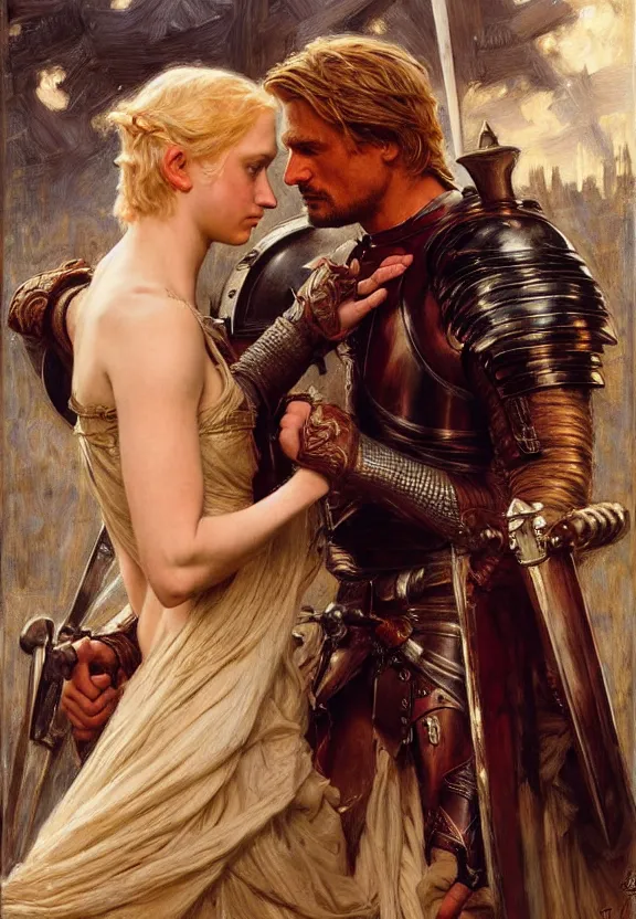 Image similar to attractive handsome fully clothed jaime lannister confesses his love for attractive fully armored brienne of tarth. highly detailed painting by gaston bussiere and j. c. leyendecker 8 k