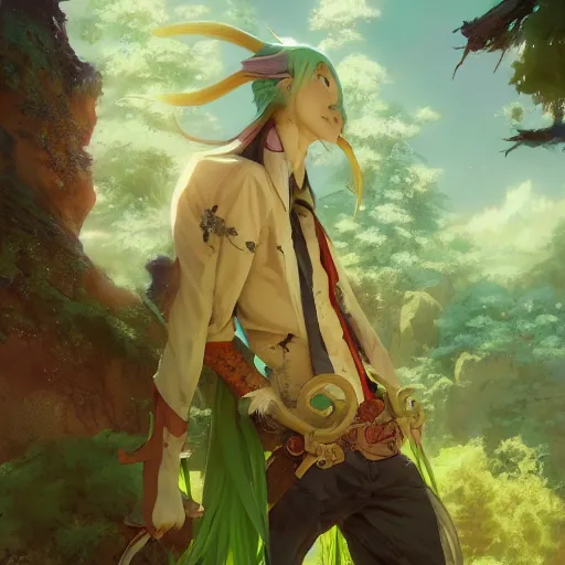 Prompt: a beautiful fullbody portrait of an anime boy with long straight green hair in a western fantasy bard style. character design by cory loftis, fenghua zhong, ryohei hase, ismail inceoglu and ruan jia. artstation, volumetric light, detailed, photorealistic, fantasy, rendered in octane