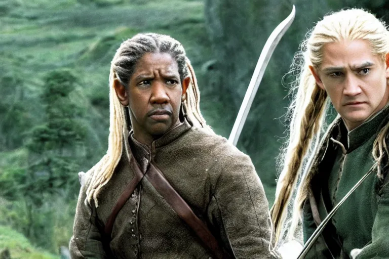 Image similar to Film still of Denzel Washington as Legolas in the movie Lord of the Rings