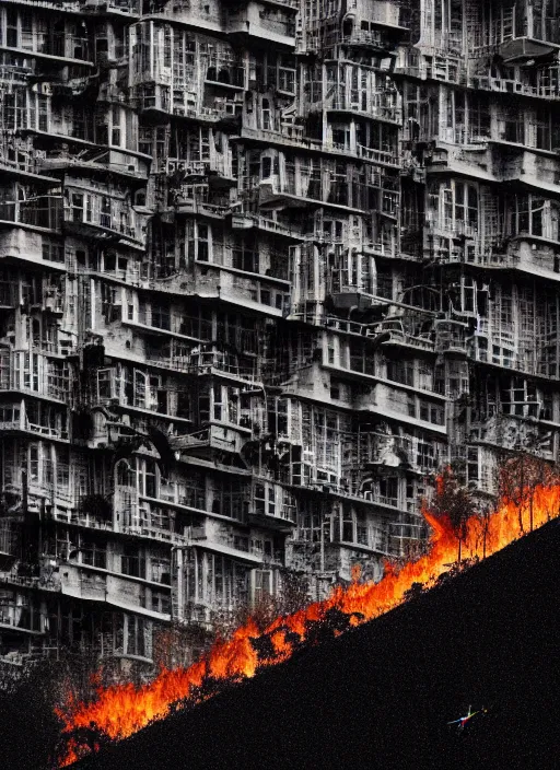 Prompt: city overgrowth on fire + a lone man + school of fish flying in the sky + (((habitat 67))), Mads Berg, Karolis Strautniekas, film noir, finely stippled light, dramatic lighting,editorial illustration, detailed,fine texture, matte print, dark blue + dark orange, red, black, extreme perspective