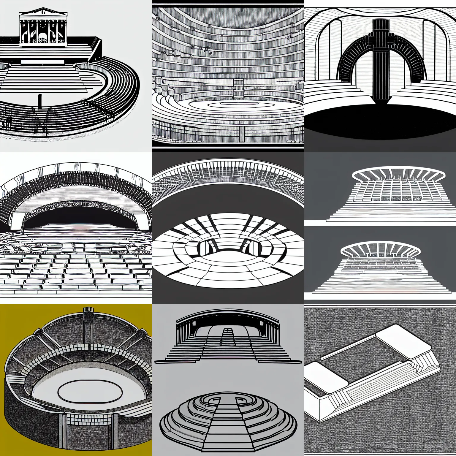 Prompt: a stephen biesty cross - section of simplified!!! smooth shaded ancient amphitheater, precise! vector trace, 3 / 4 wide shot, tom whalen, sketch - up model, white background