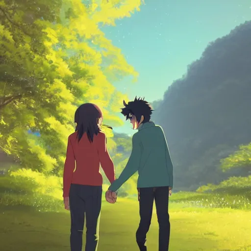 Image similar to a girl age 1 7 wearing a teal sweater and boy with a age 1 7 wearing an teal sweater, walking together under a single orange umbrella through a valley with a mystical atmosphere, looking at each other and blushing, as a medium shot, rule of thirds composition, 8 k detailed, by makoto shinkai, as an anime,