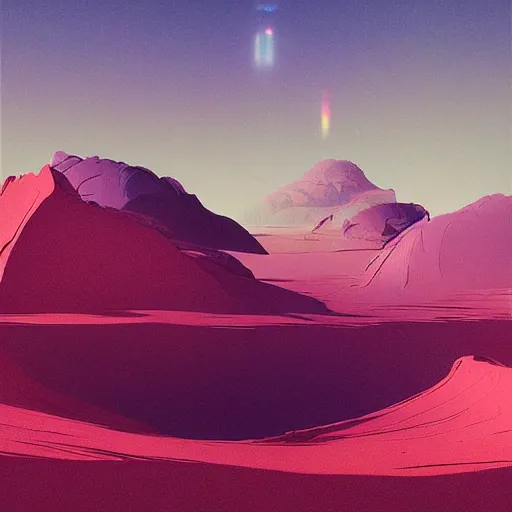 Image similar to A beautiful landscape, by Moebius and Beeple, chromostereopsis