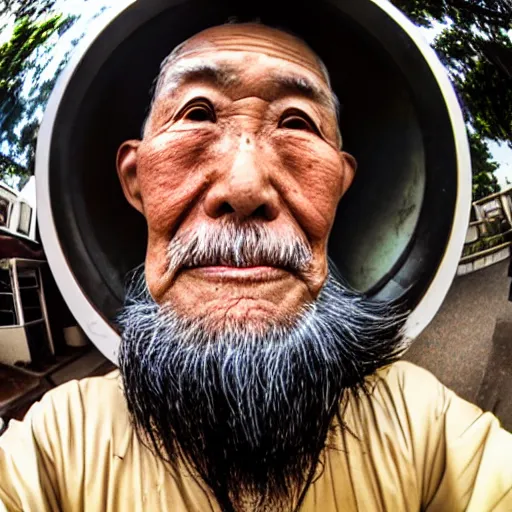 Image similar to Fisheye selfie of an old japanese man with long beard