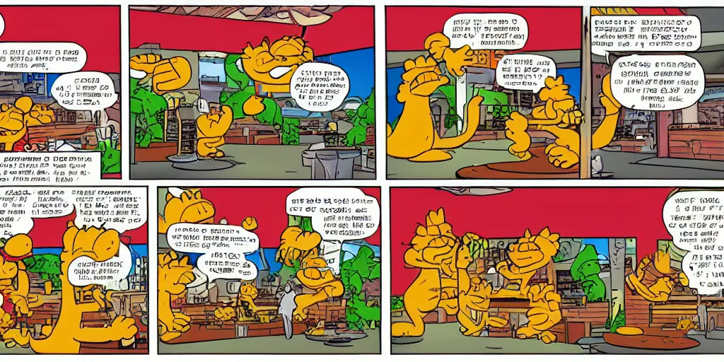 Image similar to three panel garfield comic strip about taco bell.