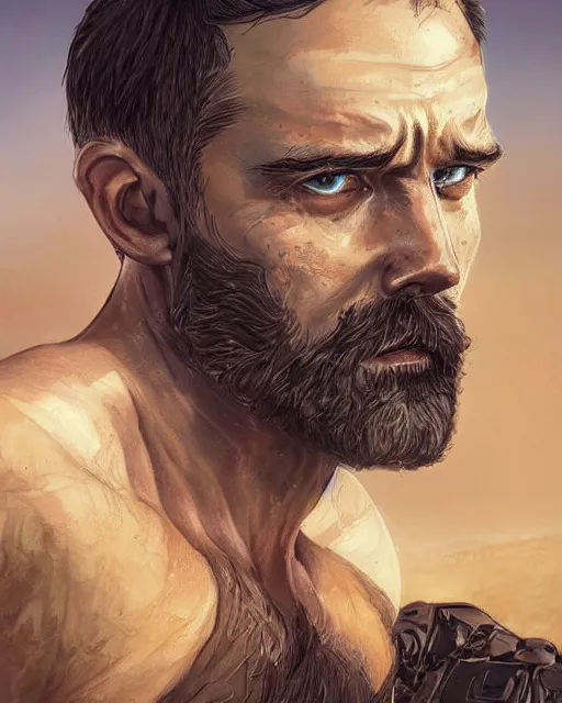 Image similar to portrait of muscular, tired and alcoholic 3 0 - year - old handsome man with short darkblonde hair, serious sad look in his eyes, dirty beard, blue eyes, wearing dirty soldier uniform, on the desert, hyper realistic face, beautiful eyes, character art, art by mark brooks, hyperdetailed, cryengine, trending on artstation, digital art