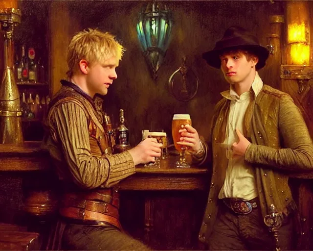 Image similar to arthur pendragon and attractive merlin go to a pub together to have some drinks. highly detailed painting by gaston bussiere, greg rutkowski, j. c. leyendecker 8 k