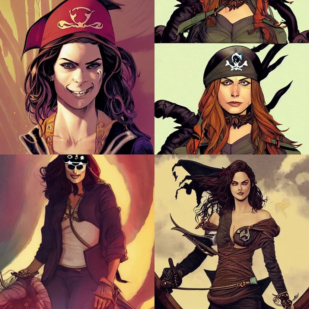 Prompt: Rafeal Albuquerque comic art, Joshua Middleton comic art, pretty female Phoebe Tonkin, pirate, black cloth medical eye patch over left eye, evil smile, pirate clothing, long wavy hair, full body, on a pirate ship, sunny weather