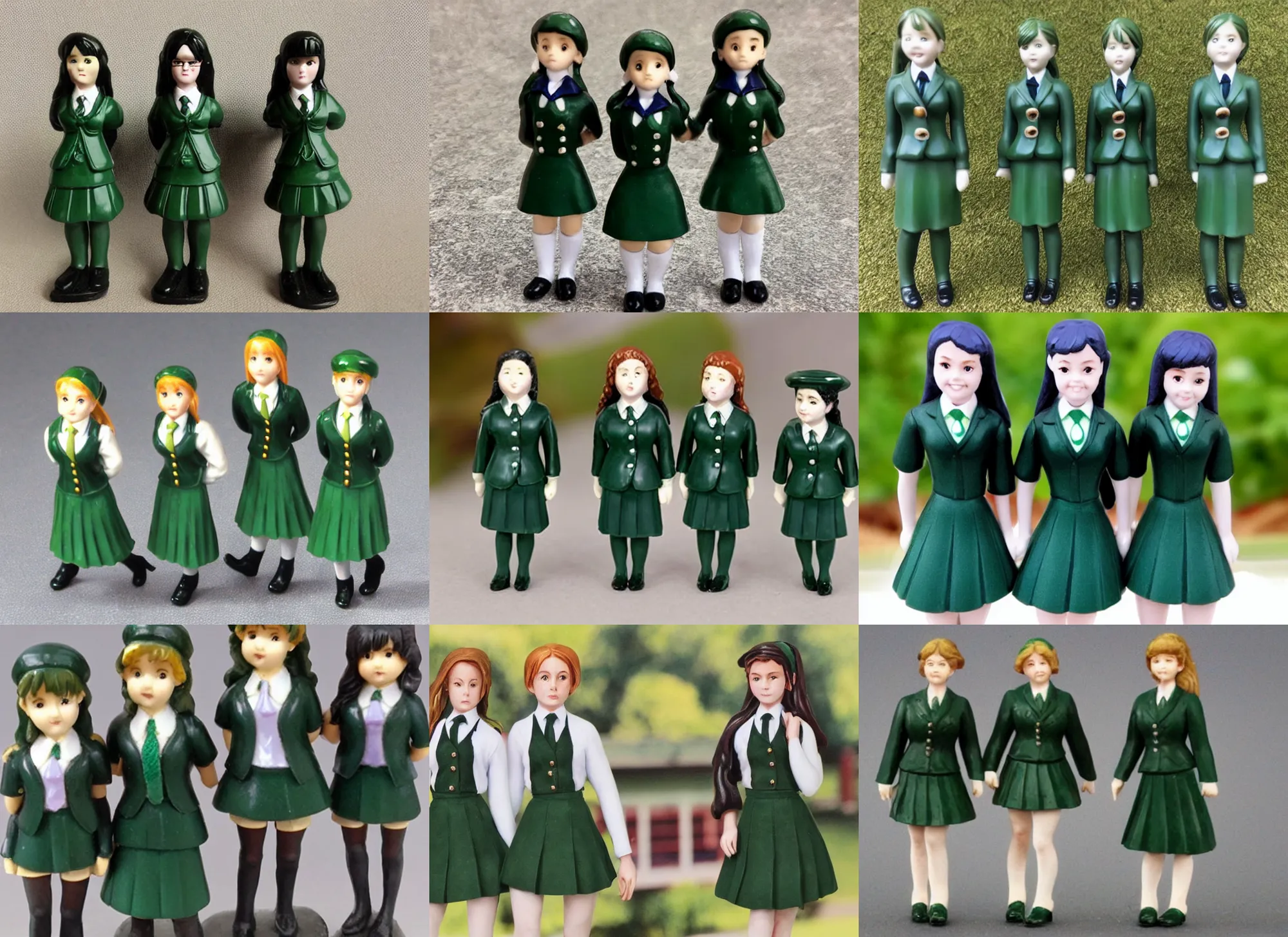 Prompt: Image on the store website, eBay, Full body, 80mm resin detailed miniature of three school girls in deep green school uniforms