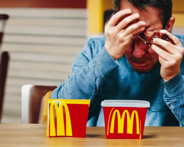 Prompt: color photo of a sad crying man eating a mcdonald's happy meal at a mcdonald's restaurant