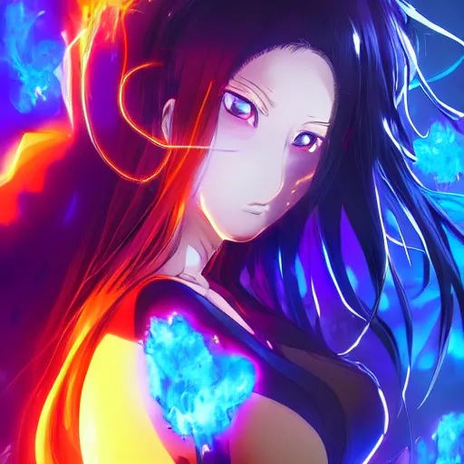 Image similar to a anime woman wearing a dress made out of blue fire , full body, very long black/red hair, one yellow and one blue eye, intense stare, cinematic lighting, medium shot, MCU, very high details, trending on artstation, CSP, Photoshop, WLOP, Rossdraws, James Jean, Andrei Riabovitchev, Marc Simonetti, Anastasia Ovchinnikova, Véronique Meignaud, BEN MAIER and Sakimichan