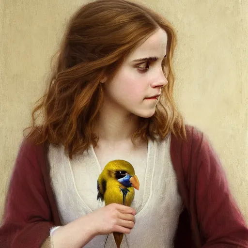 Image similar to Painting of Emma Watson as Hermione Granger as A Girl Writing; The Pet Goldfinch, art by Henriette Browne, extremely detailed, 4K