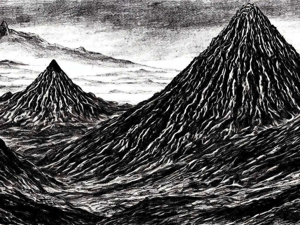 Prompt: Tolkien Lord of the Rings landscape Mount Doom Mordor in the style of HR Giger