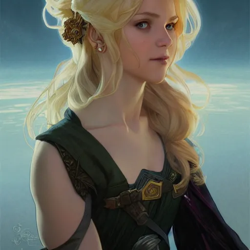 Image similar to an epic fantasy comic book style portrait painting of a young blonde girl thief, d & d, fantasy, joyful smirk, intricate, elegant, digital painting, artstation, concept art, matte, sharp focus, illustration, art by artgerm and greg rutkowski and alphonse mucha