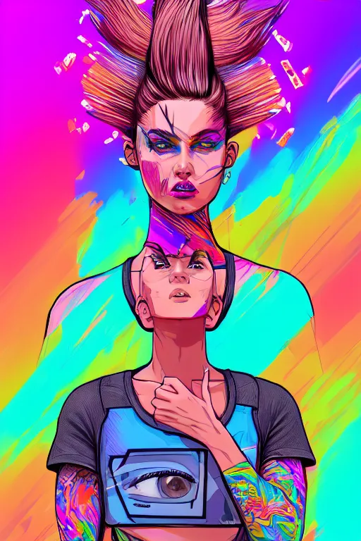 Image similar to a award winning half body portrait of a beautiful woman with stunning eyes in a printed croptop and cargo pants with rainbow colored ombre hairstyle head in motion and hair flying by josan gonzales, outrun, vaporware, shaded flat illustration, digital art, trending on artstation, highly detailed, fine detail, intricate