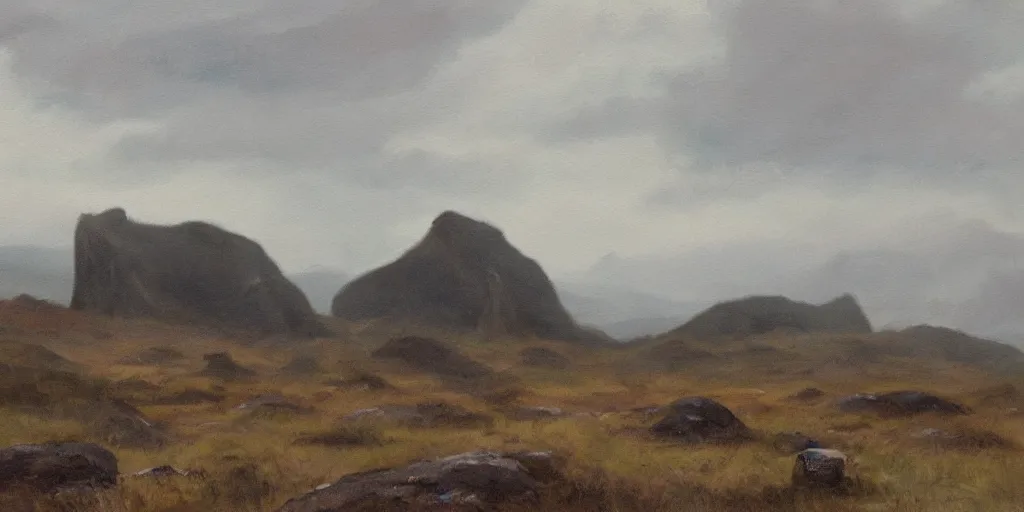 Prompt: painting of rocky highlands with a ruined stone fort in the far distance, overcast skies, muted colors