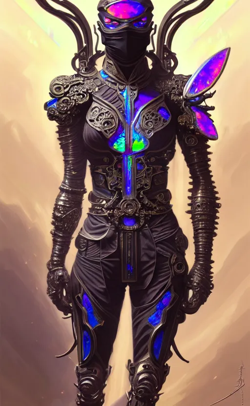 Image similar to iridescent opal cyborg ninja warrior, intricate ornate details, morandi color scheme, hd, illustration, epic, d & d, fantasy, intricate, elegant, highly detailed, wide angle, digital painting, artstation, concept art, smooth, sharp focus, illustration, wallpaper, art by artgerm and greg rutkowski and alphonse mucha and jin xiaodi