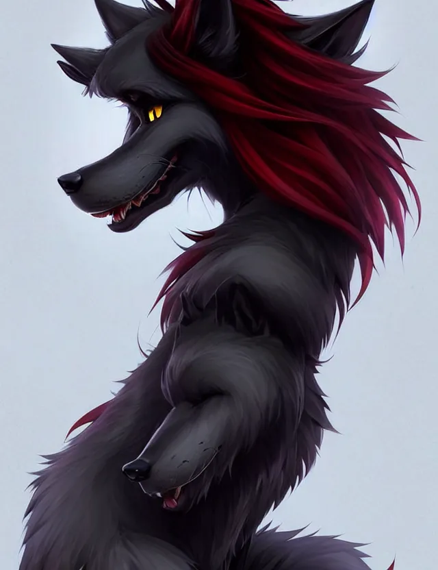 Image similar to character concept art of a black anthropomorphic male furry wolf long red hair | | cute - fine - face, pretty face, key visual, realistic shaded perfect face, fine details by stanley artgerm lau, wlop, rossdraws, james jean, andrei riabovitchev, marc simonetti, and sakimichan, trending on artstation