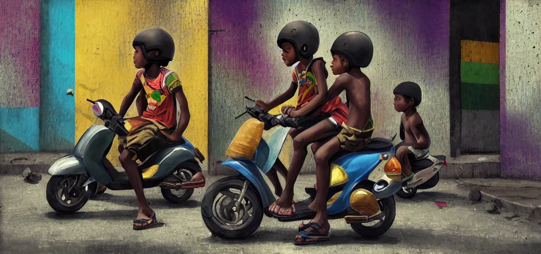 Image similar to a young favela black boys, riding on the moped scooter, on the street of rio de janeiro favela, digital illustration by ruan jia on artstation, colorful, rainbow, sunlight, soft lighting, insanely detailed and intricate, hypermaximalist, elegant, ornate, hyper realistic, super detailed, by akihito yoshida, by bob byerley