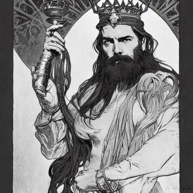 Image similar to an aesthetic! a detailed portrait of a man in a long beard, with a crown, holding a lantern by frank frazetta and alphonse mucha, oil on canvas, art nouveau dungeons and dragons fantasy art, hd, god rays, ray tracing, crisp contour lines, huhd