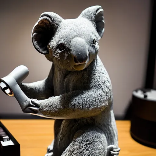Prompt: a marble statue of a koala dj in front of a marble statue of a turntable. the koala has wearing large marble headphones.