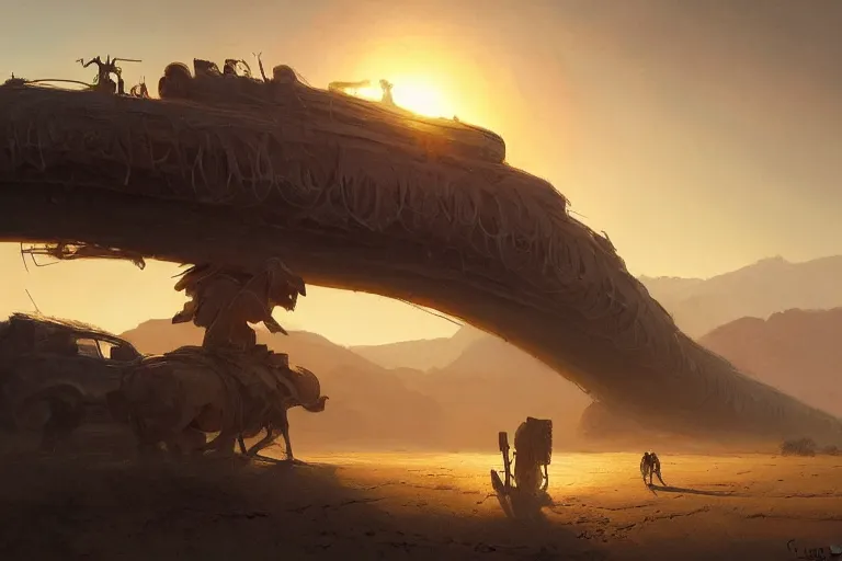 Prompt: giant weels rolling toward distant desert sunset, beautiful painting, greg rutkowski, james gurney, thrending on artstation.